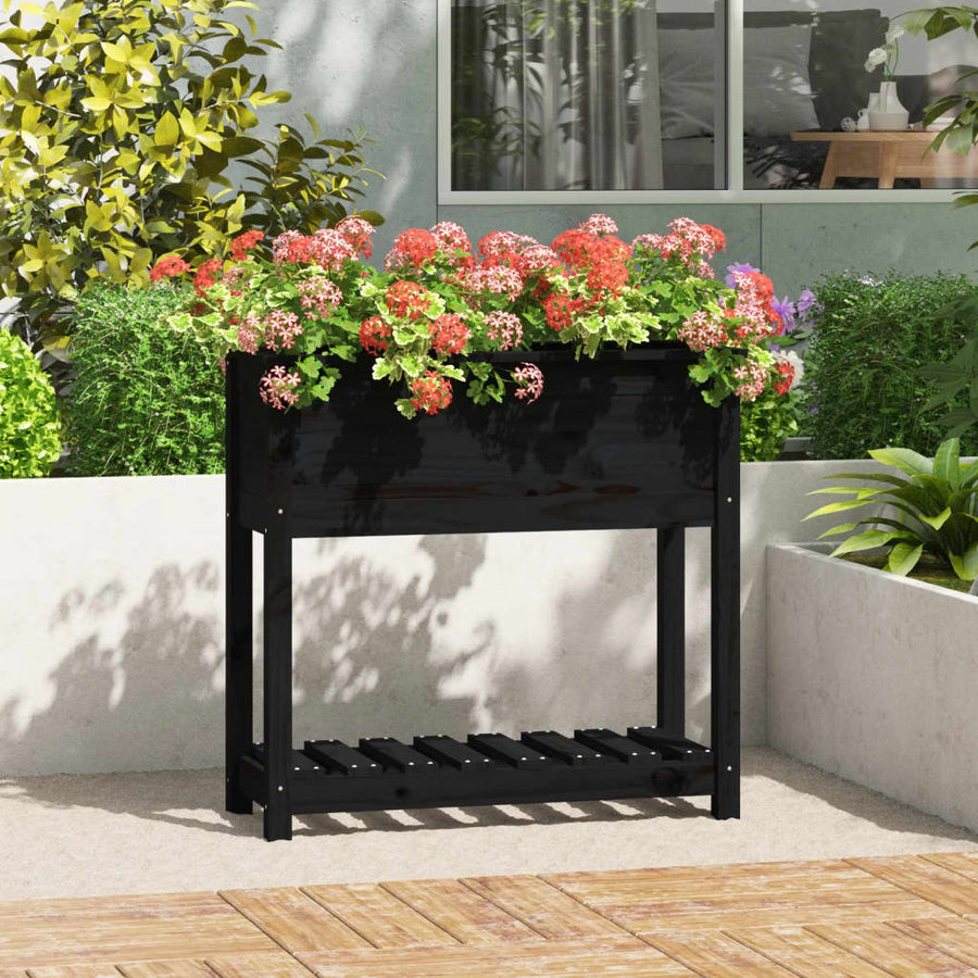 Plantenbak Met Schap 82,5X34,5X81 Cm Massief Grenenhout Zwart