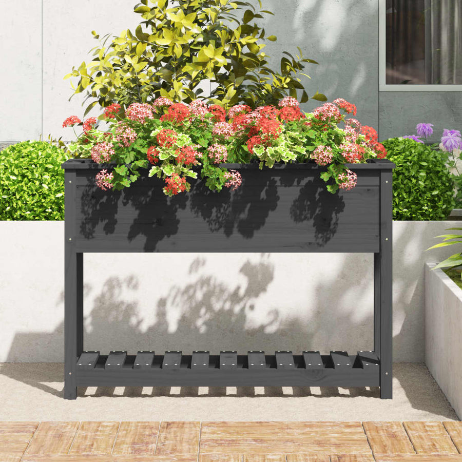 Plantenbak Met Schap 111,5X34,5X81 Cm Massief Grenenhout Grijs