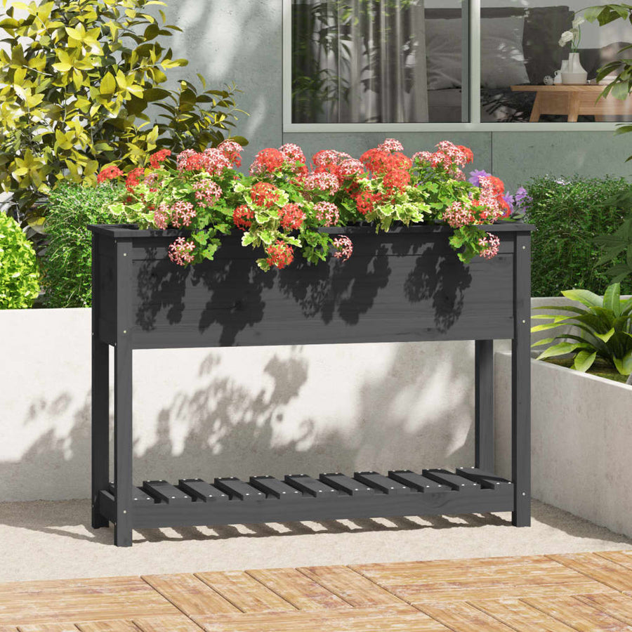 Plantenbak Met Schap 111,5X34,5X81 Cm Massief Grenenhout Grijs