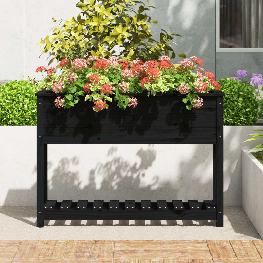 Plantenbak Met Schap 111,5X34,5X81 Cm Massief Grenenhout Zwart