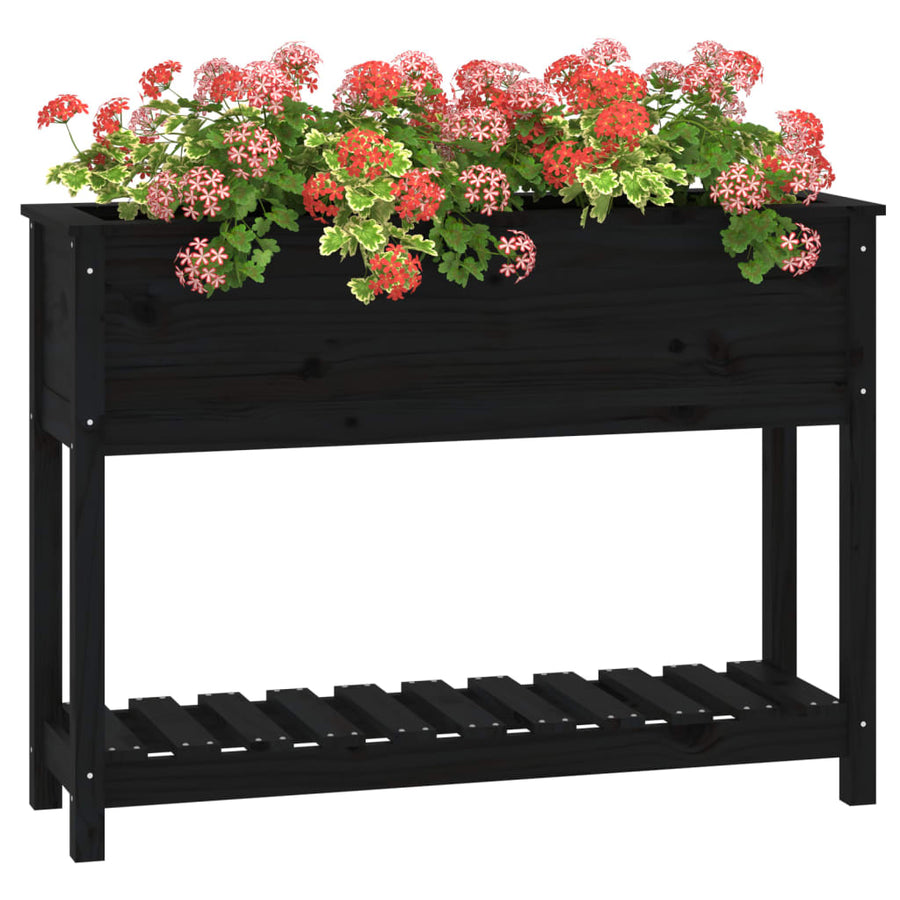Plantenbak Met Schap 111,5X34,5X81 Cm Massief Grenenhout Zwart