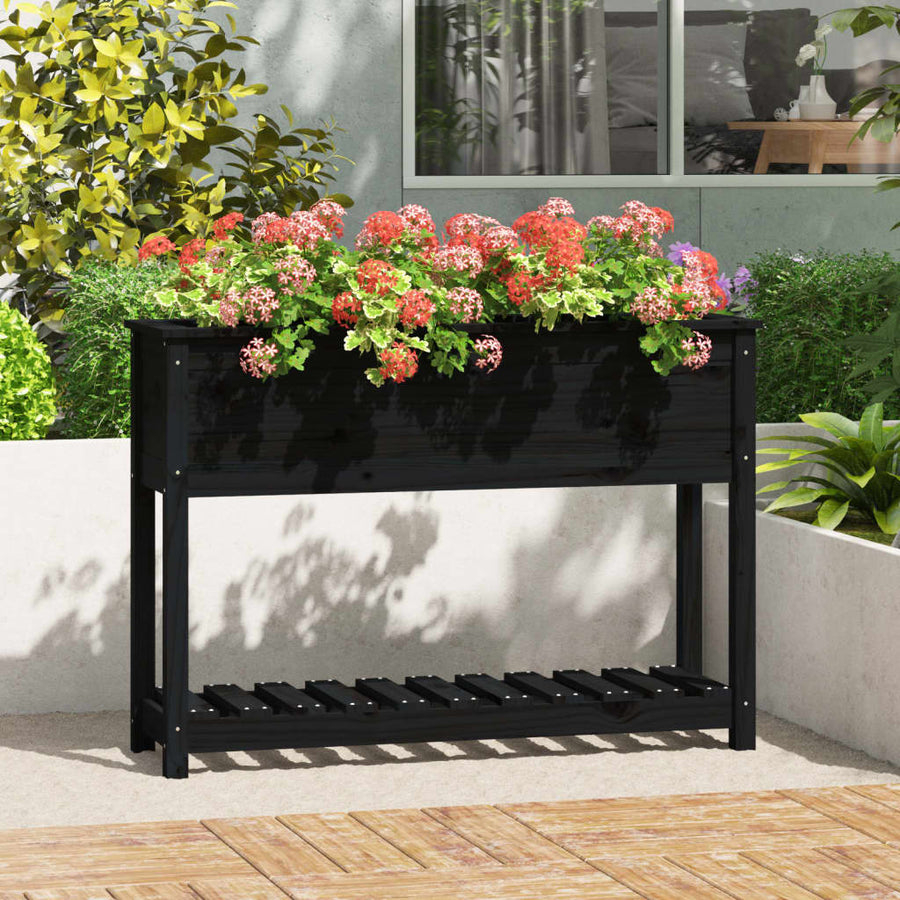 Plantenbak Met Schap 111,5X34,5X81 Cm Massief Grenenhout Zwart