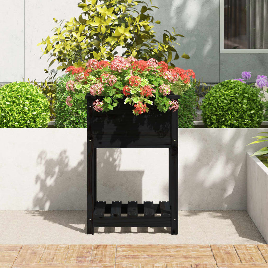 Plantenbak Met Schap 54X54X81 Cm Massief Grenenhout Zwart