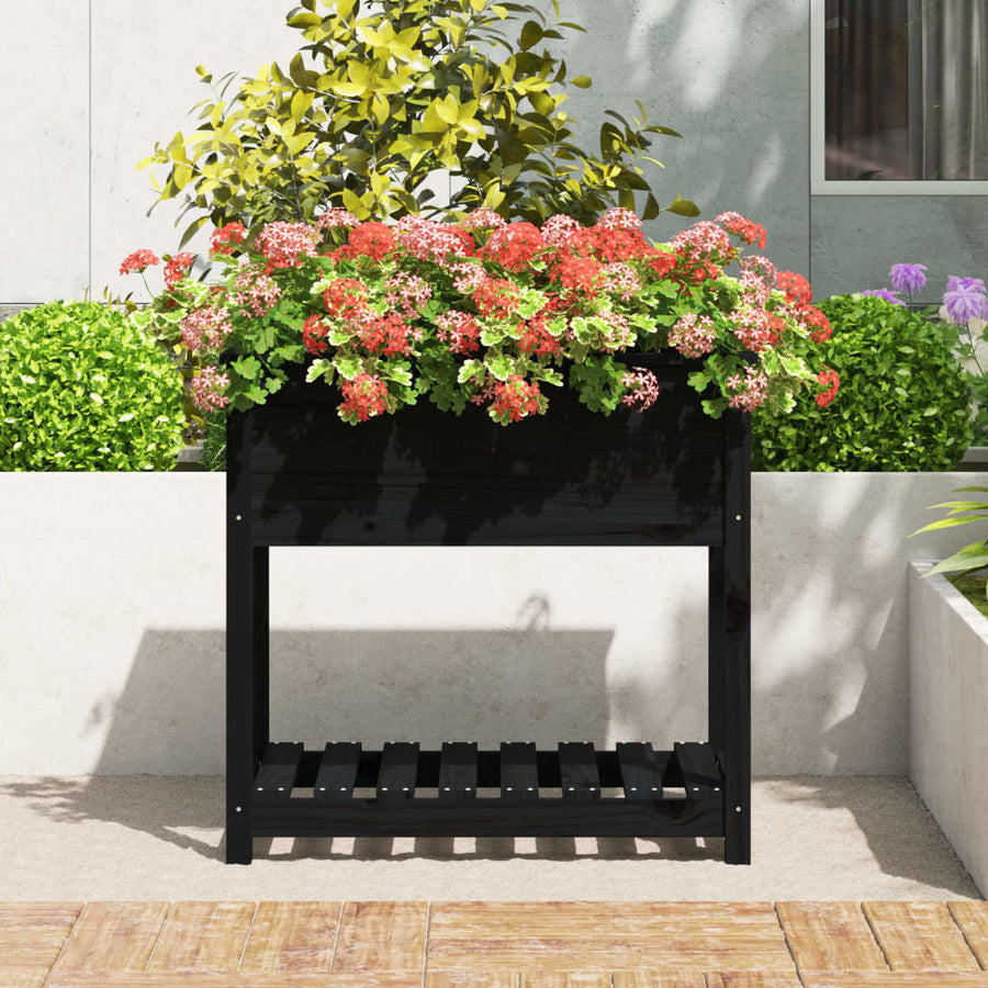 Plantenbak Met Schap 82,5X54X81 Cm Massief Grenenhout Zwart
