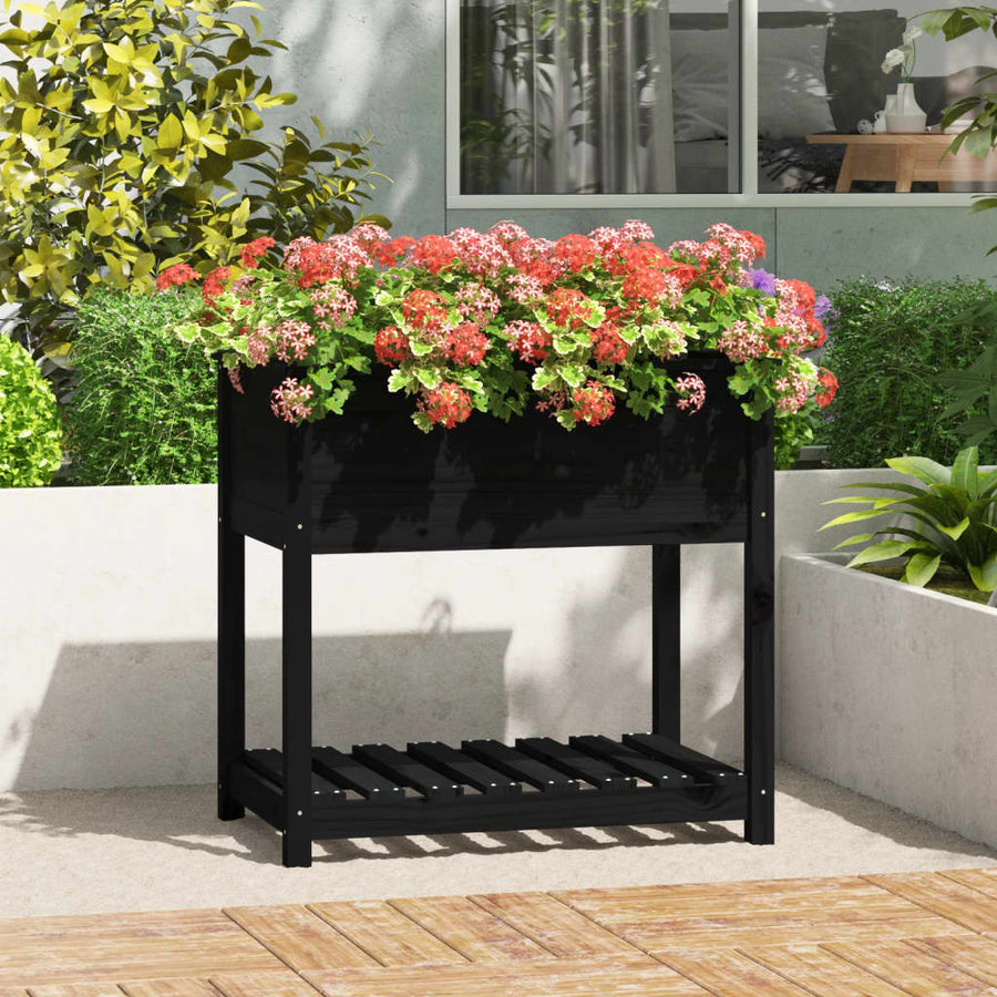 Plantenbak Met Schap 82,5X54X81 Cm Massief Grenenhout Zwart