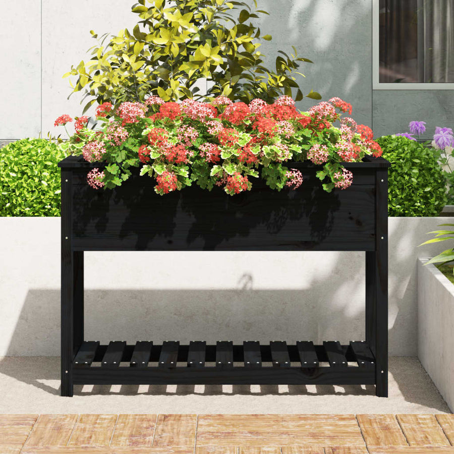 Plantenbak Met Schap 111,5X54X81 Cm Massief Grenenhout Zwart