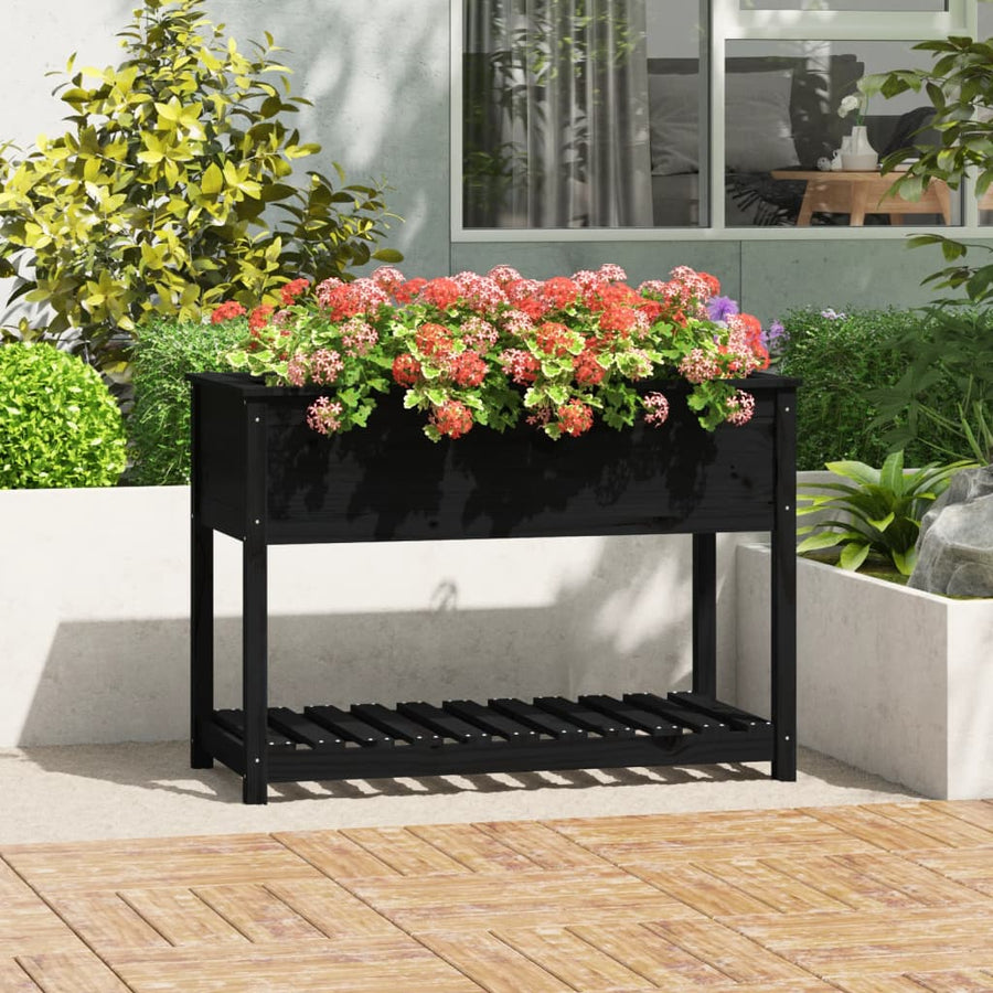 Plantenbak Met Schap 111,5X54X81 Cm Massief Grenenhout Zwart