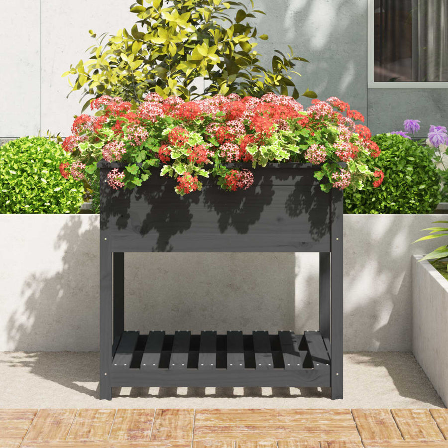 Plantenbak Met Schap 82,5X82,5X81 Cm Massief Grenenhout Grijs
