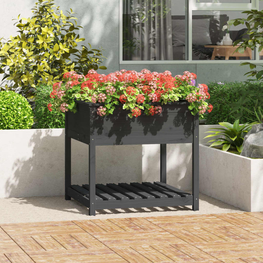Plantenbak Met Schap 82,5X82,5X81 Cm Massief Grenenhout Grijs