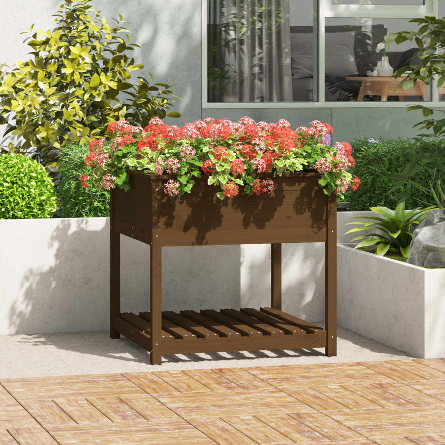 Plantenbak Met Schap 82,5X82,5X81 Cm Grenenhout Honingbruin
