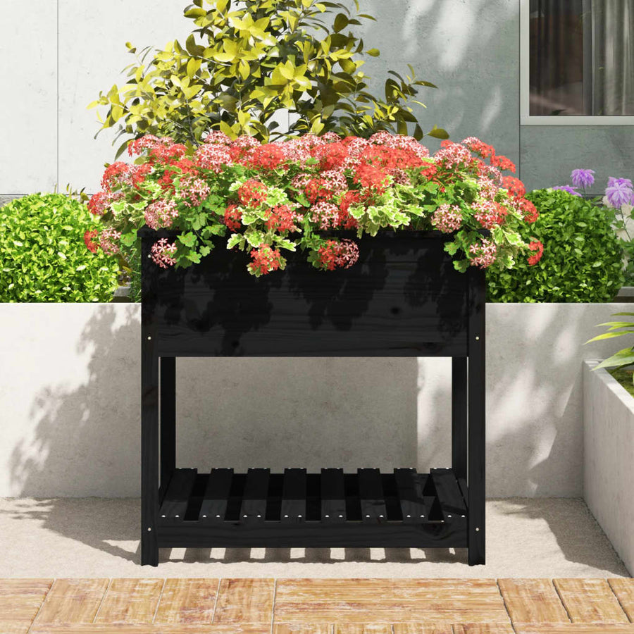 Plantenbak Met Schap 82,5X82,5X81 Cm Massief Grenenhout Zwart