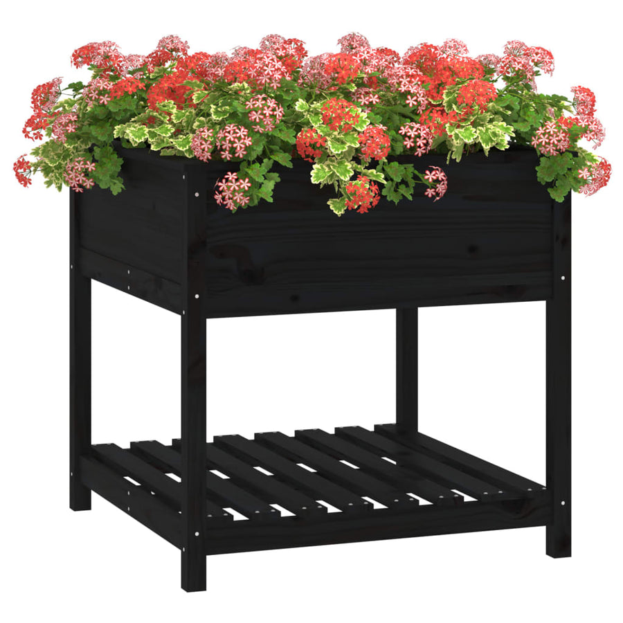 Plantenbak Met Schap 82,5X82,5X81 Cm Massief Grenenhout Zwart