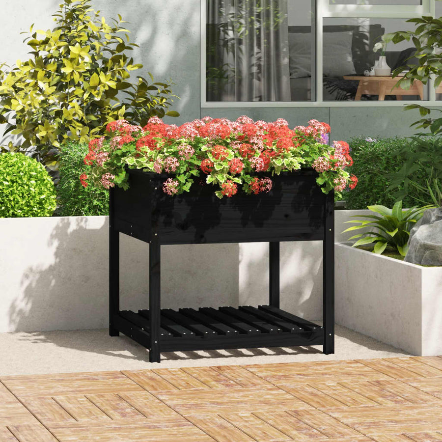 Plantenbak Met Schap 82,5X82,5X81 Cm Massief Grenenhout Zwart