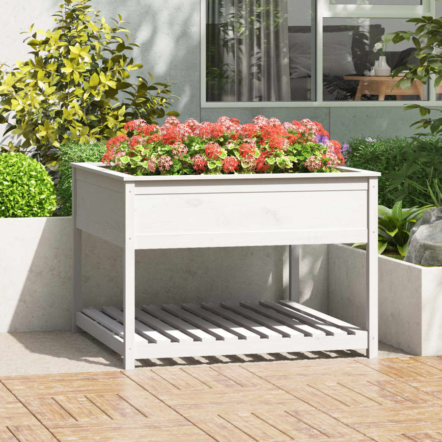 Plantenbak Met Schap 111,5X111,5X81 Cm Massief Grenenhout Wit