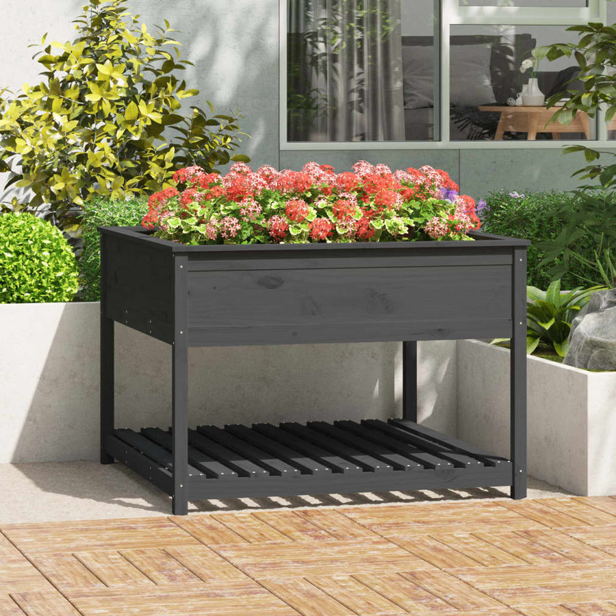 Plantenbak Met Schap 111,5X111,5X81 Cm Massief Grenenhout Grijs