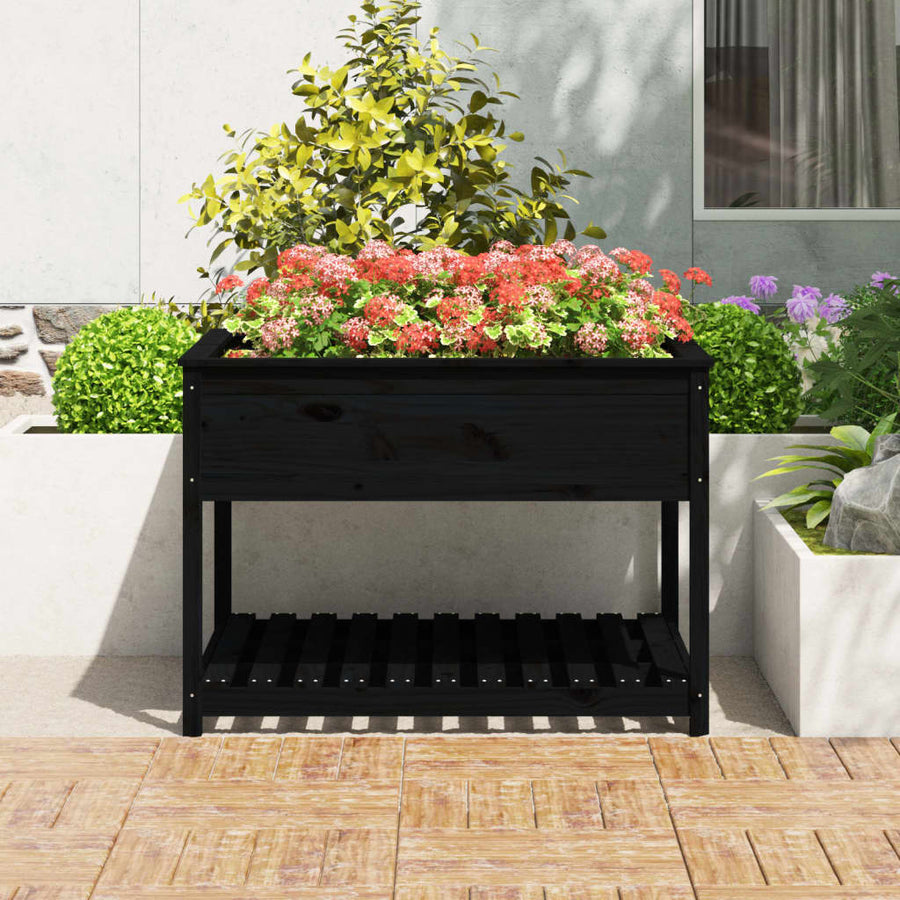 Plantenbak Met Schap 111,5X111,5X81 Cm Massief Grenenhout Zwart