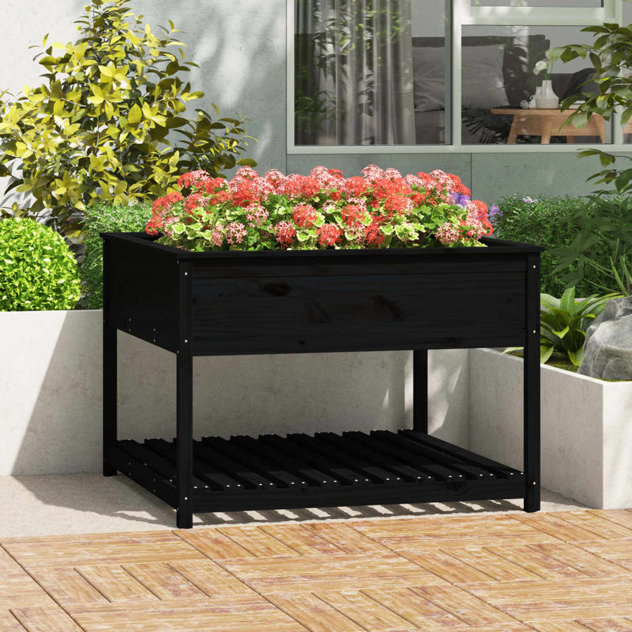 Plantenbak Met Schap 111,5X111,5X81 Cm Massief Grenenhout Zwart