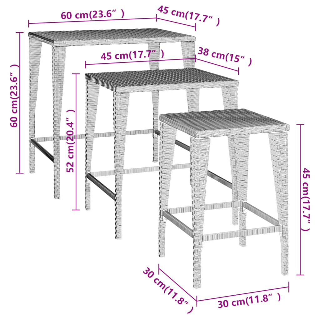Tafeltjesset 3 St Poly Rattan Bruin