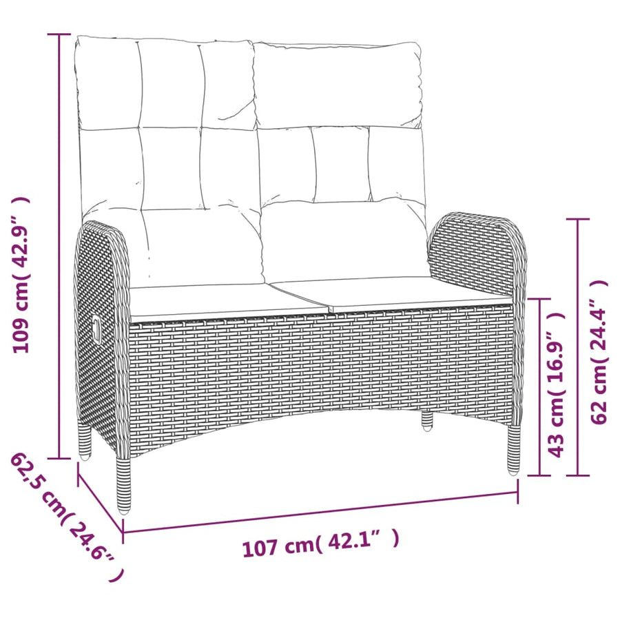 Tuinbank Verstelbaar Met Kussens 07 Cm Poly Rattan Grijs