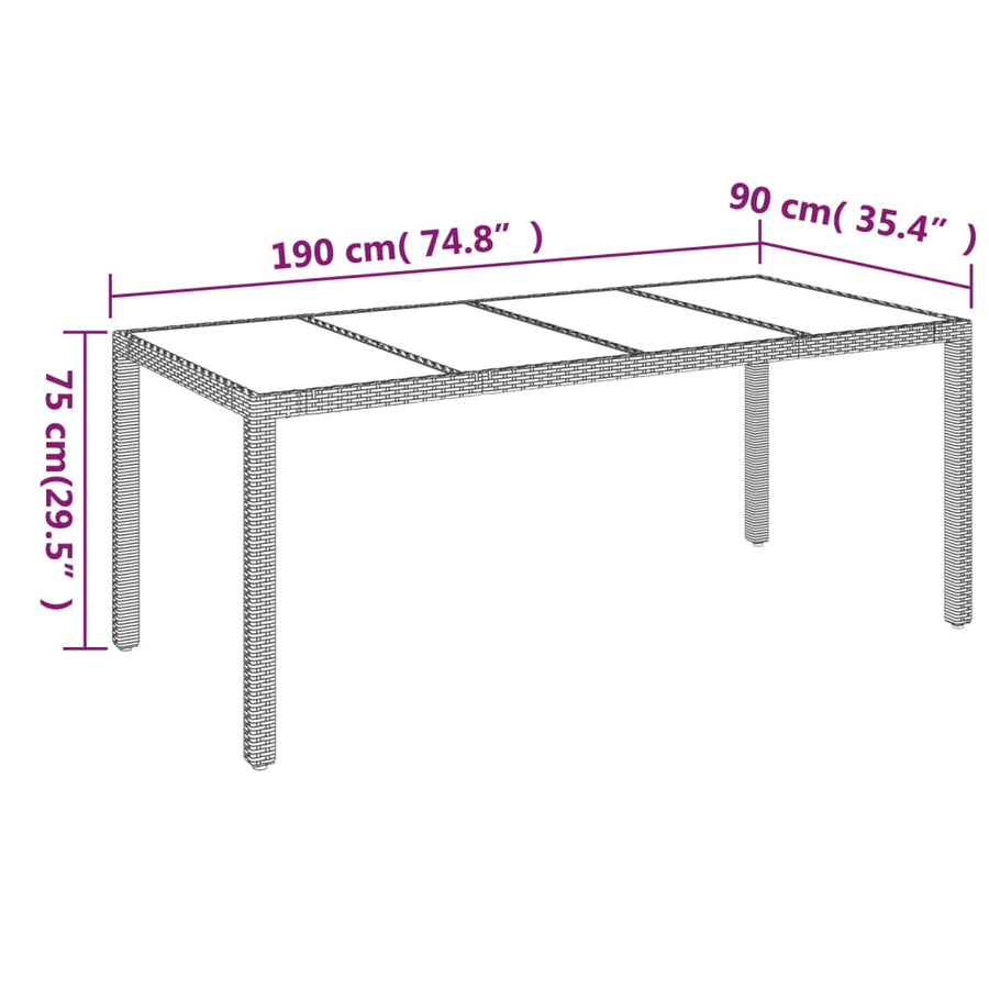 Tuintafel met poly rattan 190 x 90 x 75 cm Glazen blad
