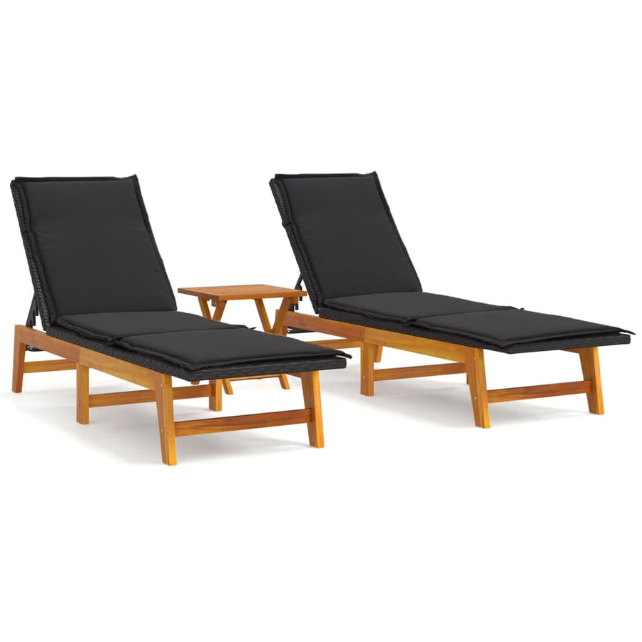 3-Delige Loungeset Poly Rattan En Massief Acaciahout Ja 2x sun lounger +table