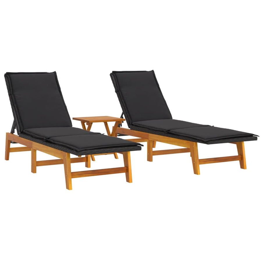 3-Delige Loungeset Poly Rattan En Massief Acaciahout Ja 2x sun lounger +table