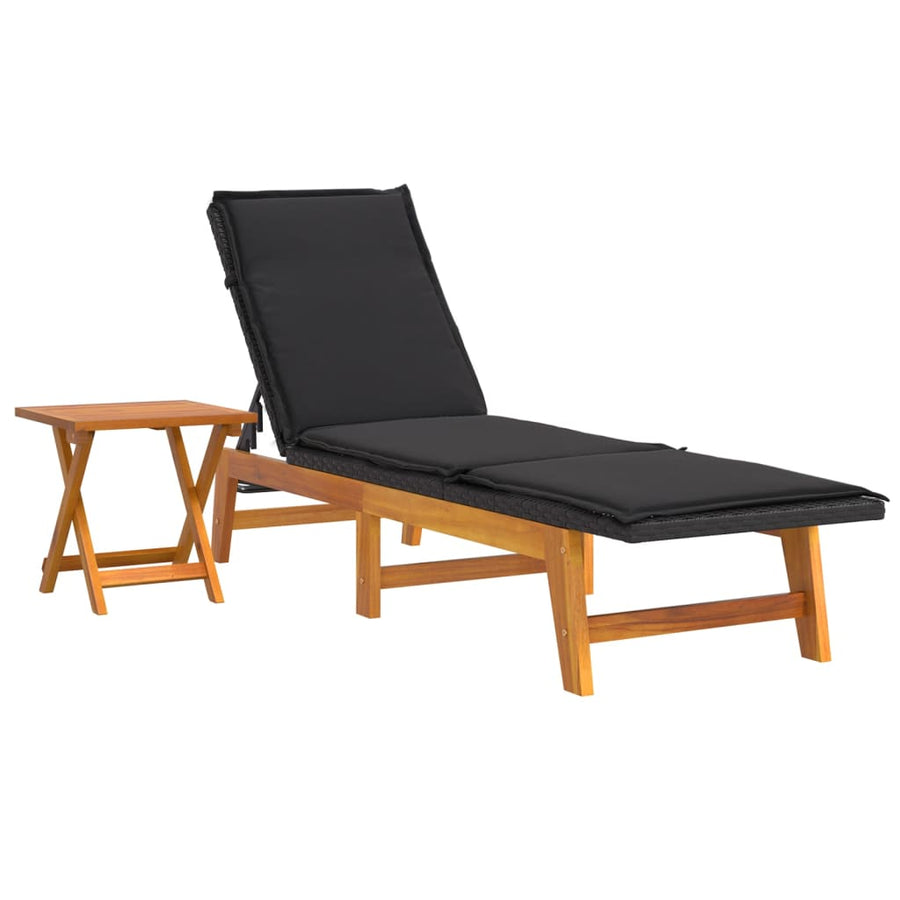 3-Delige Loungeset Poly Rattan En Massief Acaciahout Ja 2x sun lounger +table
