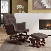 Schuifstoel met voetenbank stof bruin massief rubberwood