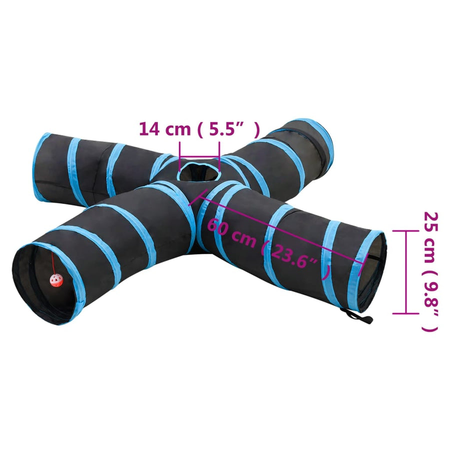 Kattentunnel 4-voudig 25 cm polyester zwart en blauw