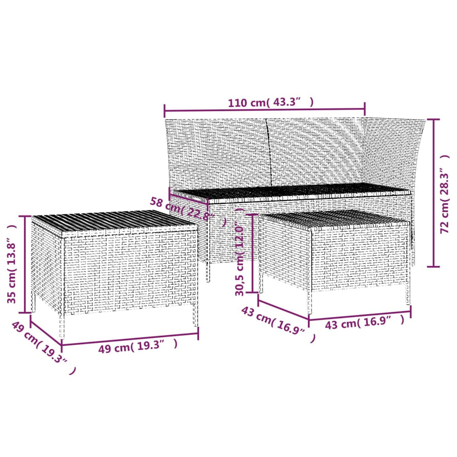 -Delige Loungeset Met Kussens Poly Rattan 3 Zwart