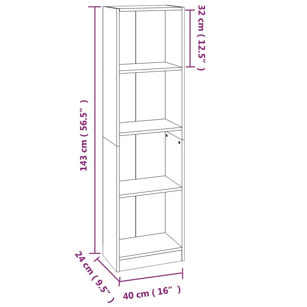 Boekenkast 4 Schappen Bewerkt Hout 40 x 24 x 143 cm Grijs sonoma