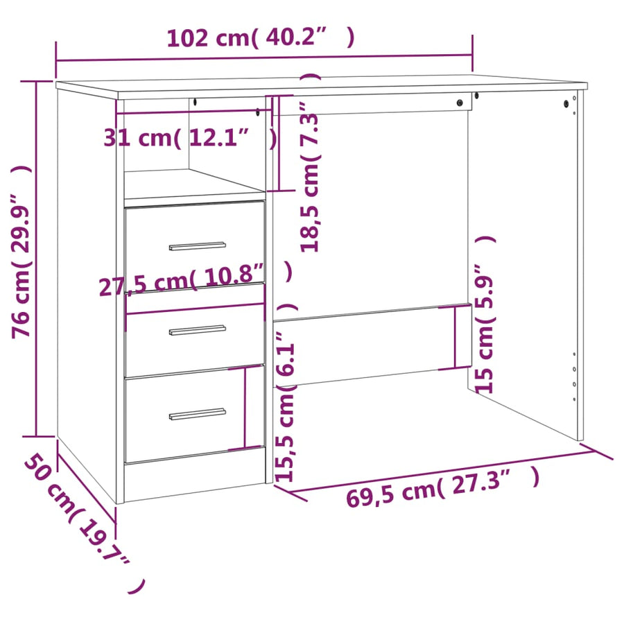 Bureau Met Lades 102X50X76 Cm Bewerkt Hout Zwart