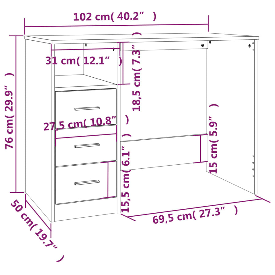 Bureau Met Lades 102X50X76 Cm Bewerkt Hout Kleurig Gerookt eiken
