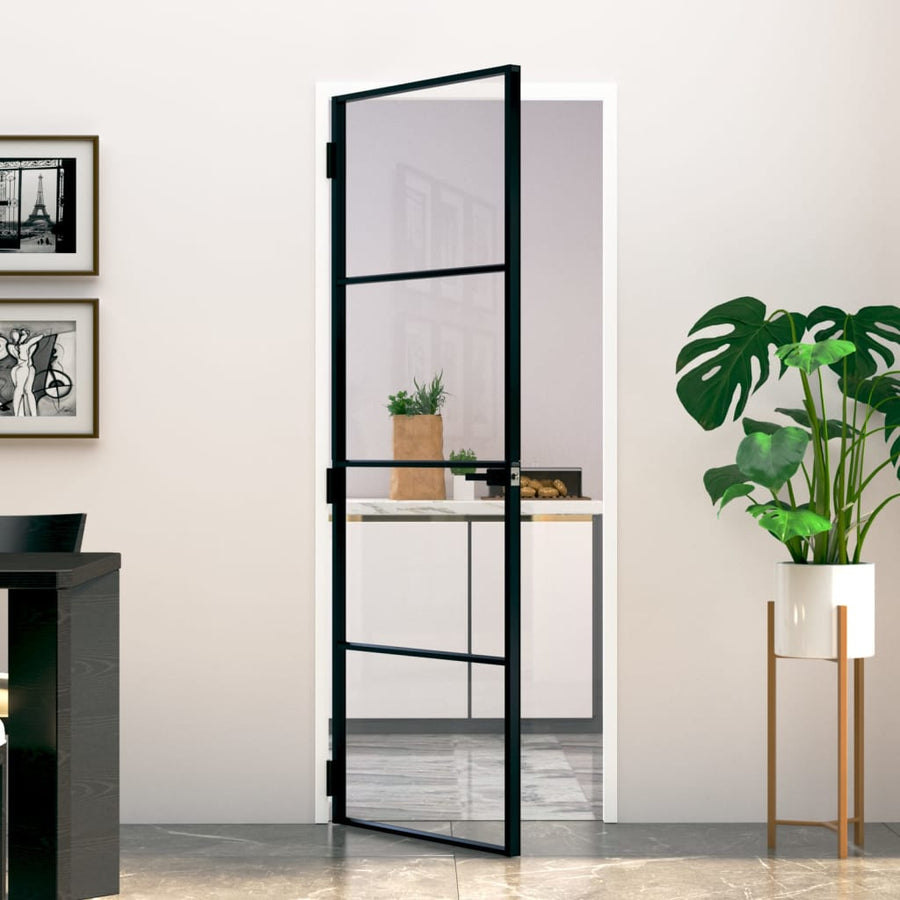 Binnendeur 76X20,5 Cm Gehard Glas En Aluminium Smal Zwart En Transparant 76 x 201.5 cm 3 horizontale stangen