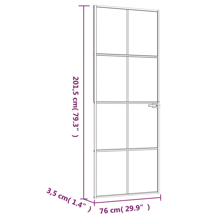 Binnendeur 76x201,5 cm gehard glas en aluminium smal zwart 76 x 201.5 cm 4x2 rooster