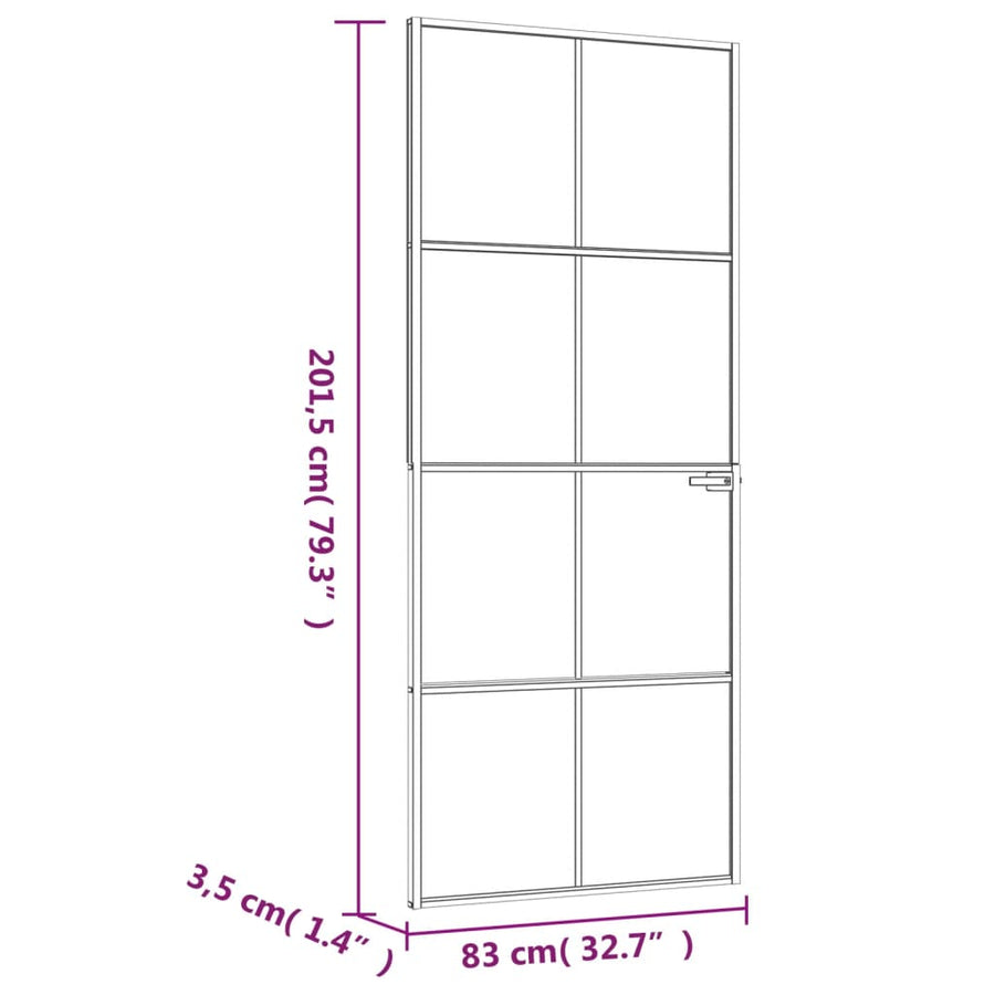 Binnendeur 83x201,5 cm gehard glas en aluminium smal zwart 83 x 201.5 cm 4x2 rooster