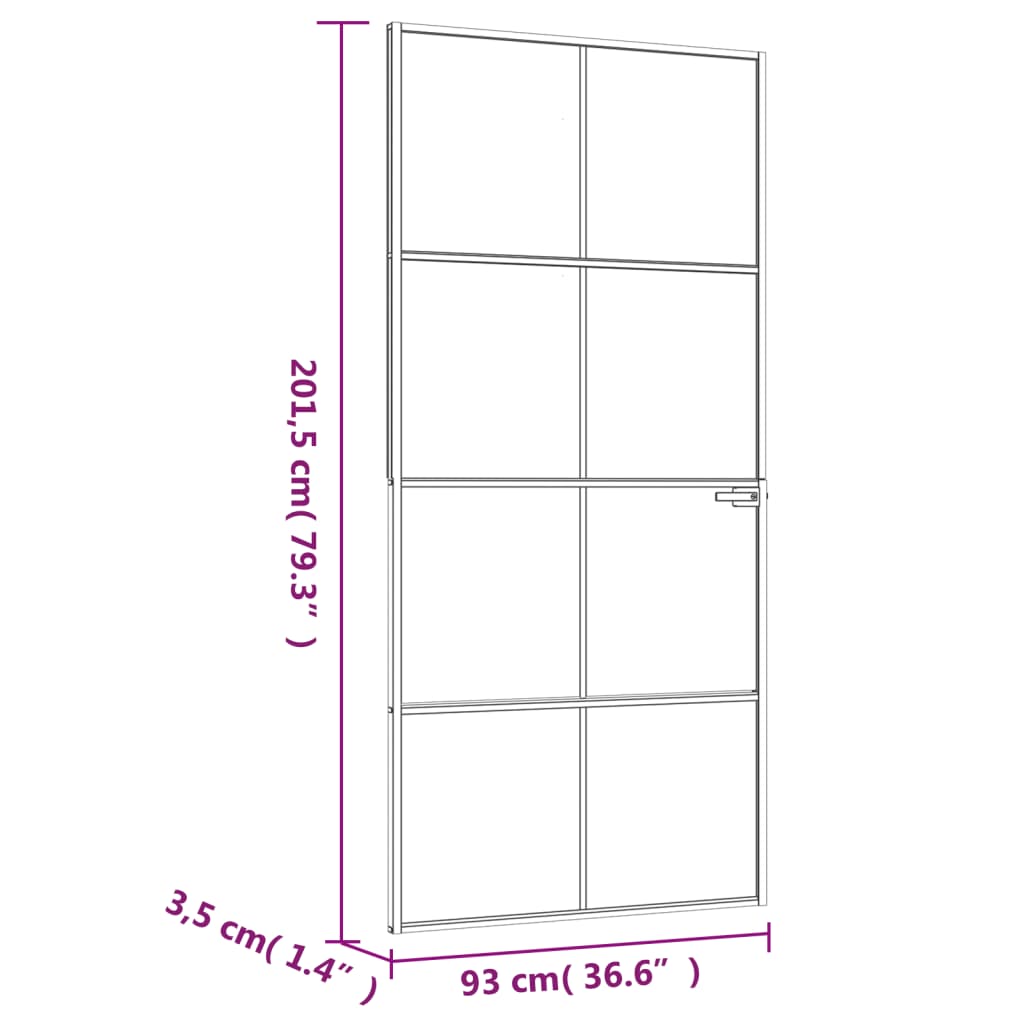 Binnendeur 93x201,5 cm gehard glas en aluminium smal zwart 93 x 201.5 cm 4x2 rooster