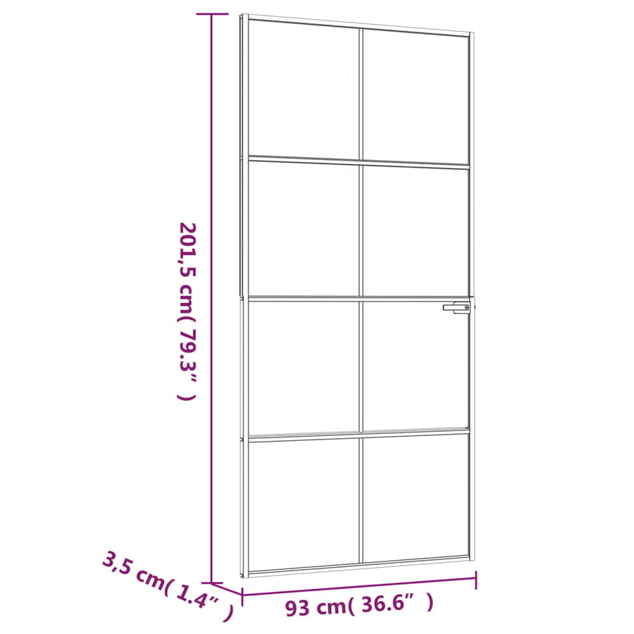 Binnendeur 93x201,5 cm gehard glas en aluminium smal zwart 93 x 201.5 cm 4x2 rooster