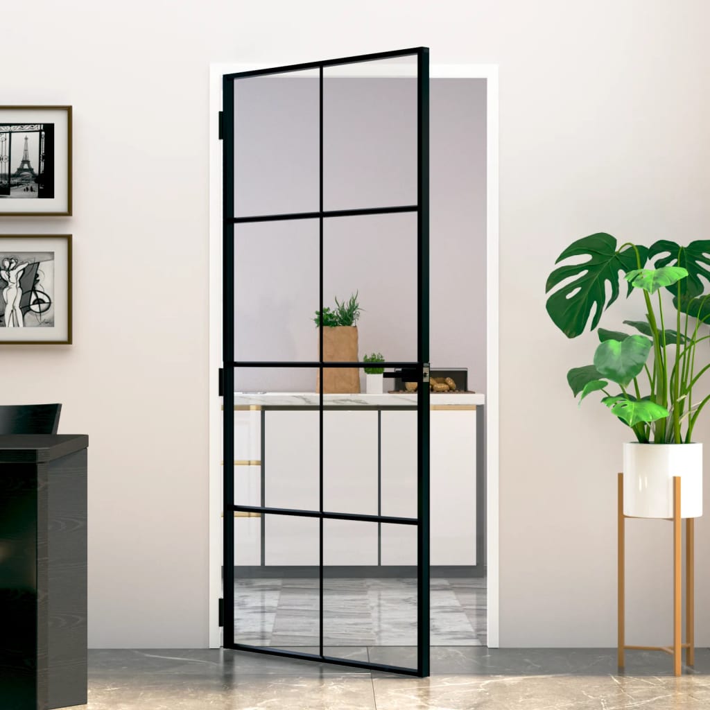 Binnendeur 93x201,5 cm gehard glas en aluminium smal zwart 93 x 201.5 cm 4x2 rooster