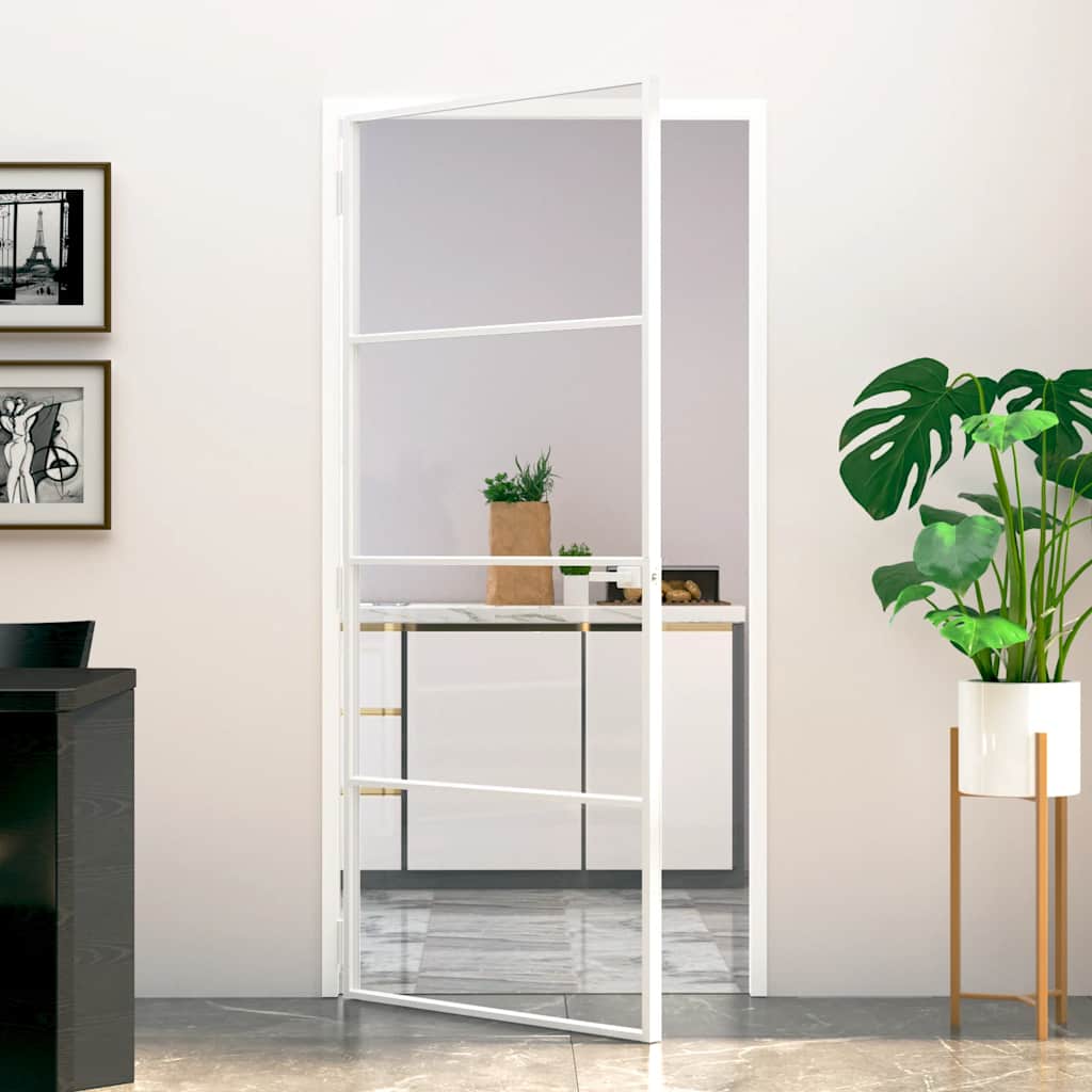 Binnendeur 93X201,5 Cm Gehard Glas En Aluminium Smal Wit En Transparant 93 x 201.5 cm