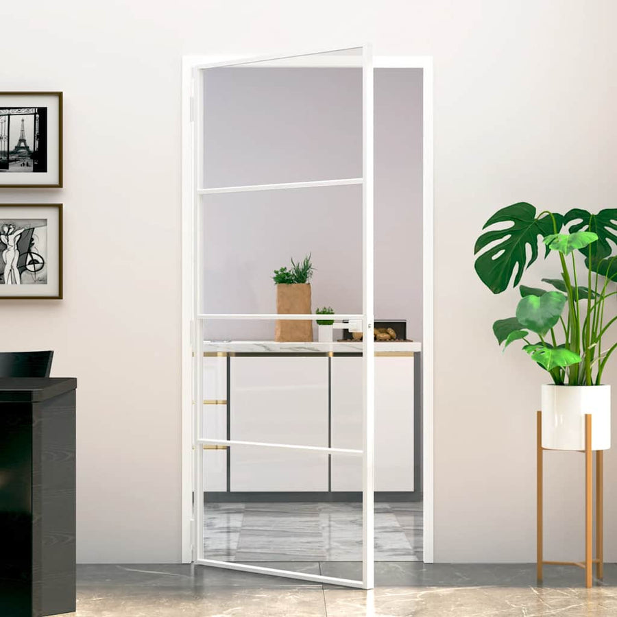 Binnendeur 93X201,5 Cm Gehard Glas En Aluminium Smal Wit En Transparant 93 x 201.5 cm