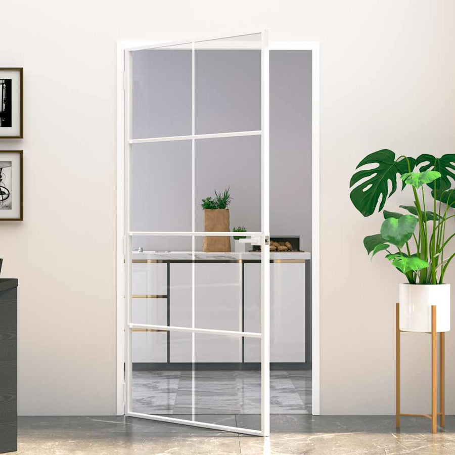 Binnendeur 102X201,5 Cm Gehard Glas En Aluminium Smal Wit En Transparant 102 x 201.5 cm