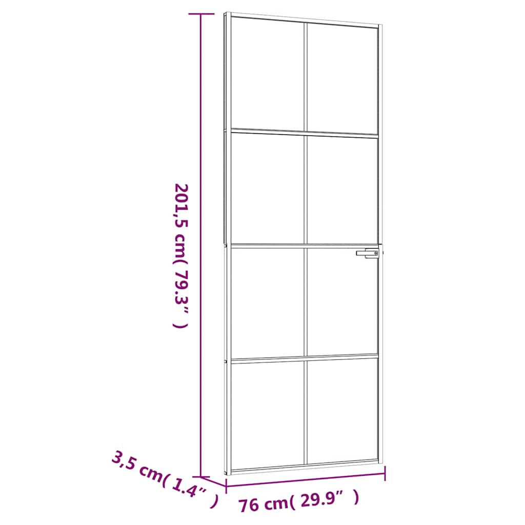 Binnendeur 76X201,5 Cm Gehard Glas En Aluminium Smal Wit En Transparant 76 x 201.5 cm 4x2 rooster