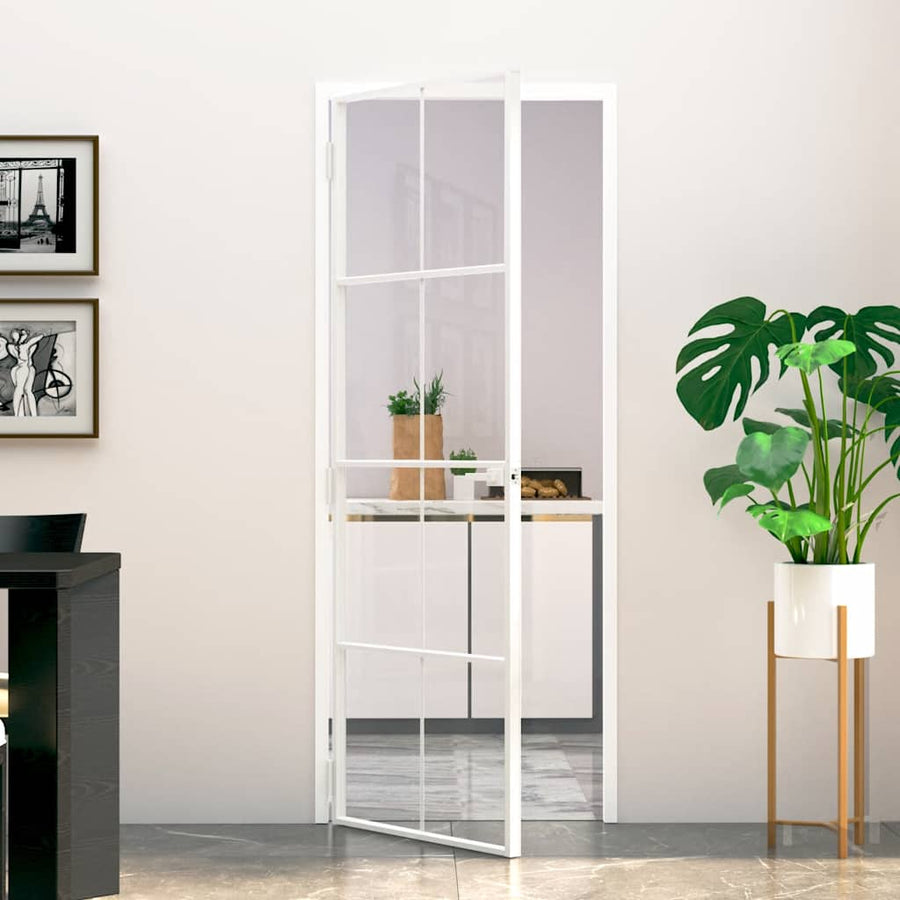 Binnendeur 76X201,5 Cm Gehard Glas En Aluminium Smal Wit En Transparant 76 x 201.5 cm 4x2 rooster