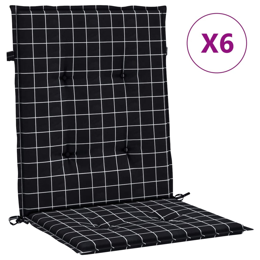 Stoelkussens 6 st lage rug ruitpatroon stof zwart