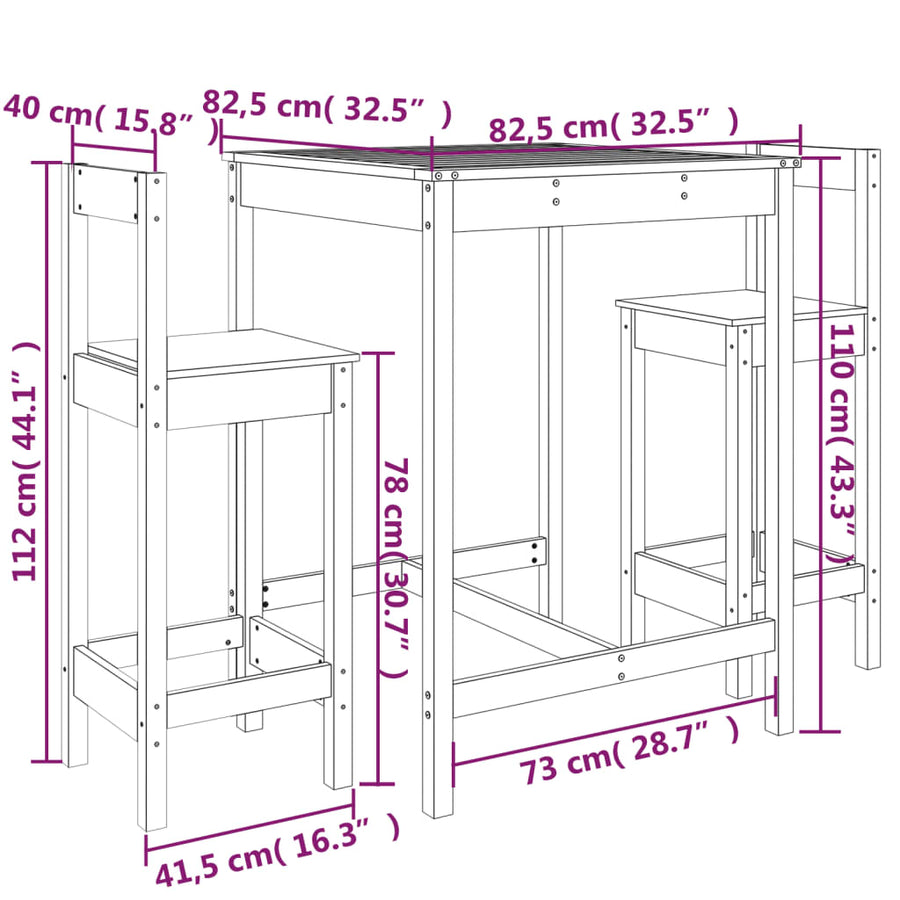 3-Delige Barset Massief Grenenhout Wit