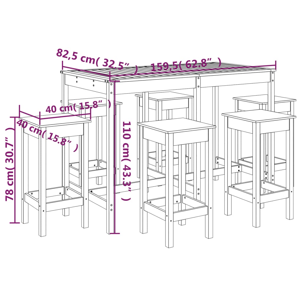7-delige Tuinbarset massief grenenhout wit
