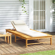 Sun lounger with cream-colored seat and head cushion solid acacia wood