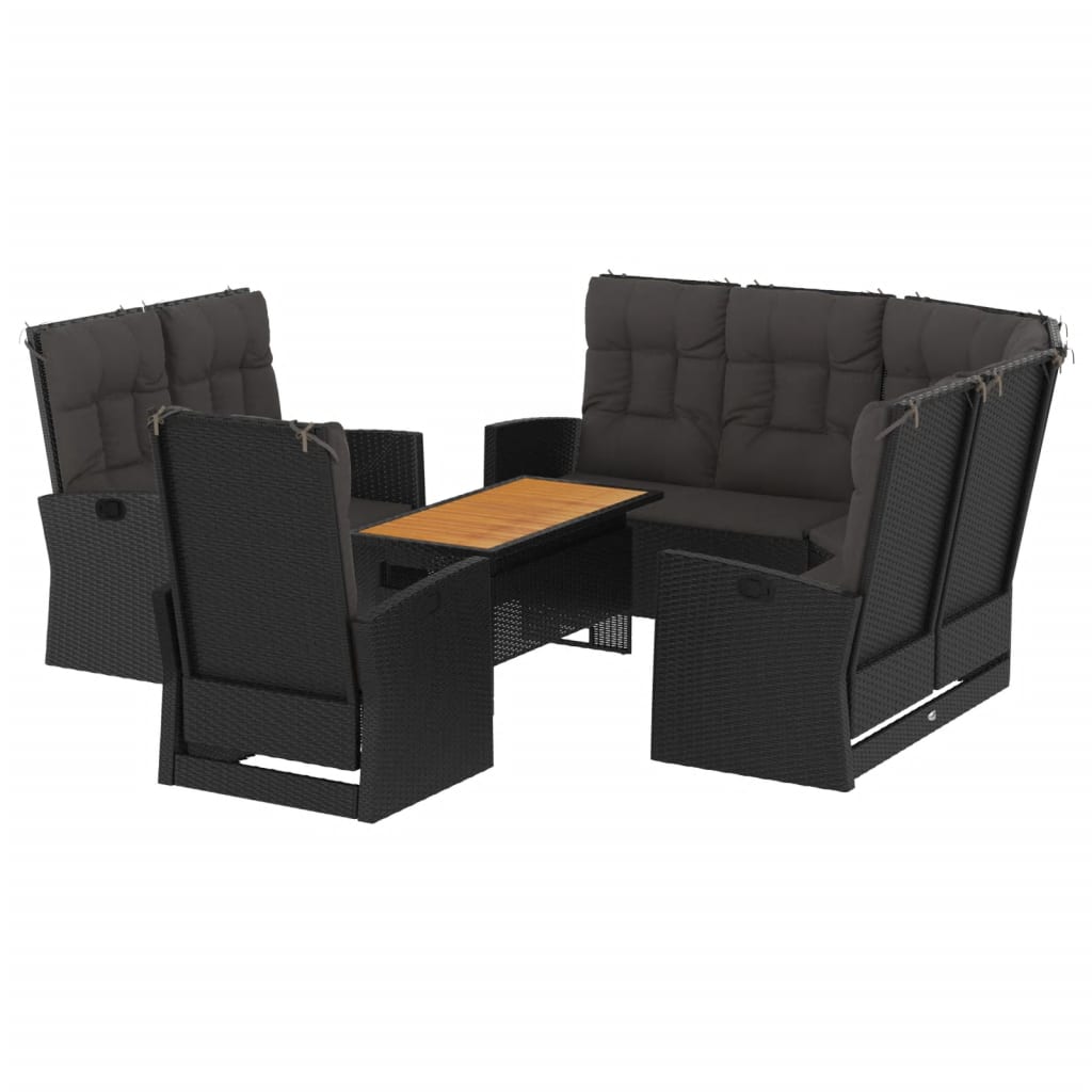 4-delige Loungeset met kussens poly rattan zwart