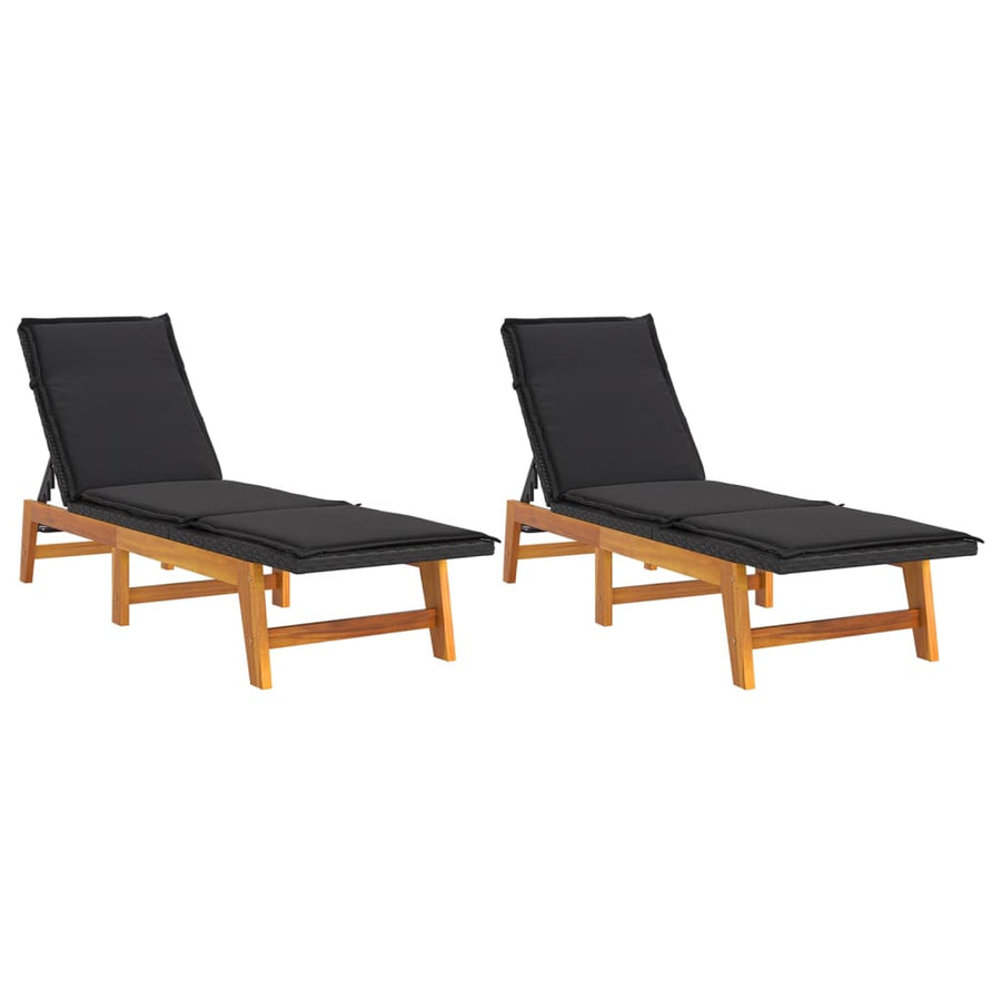 Ligbedden 2 st met kussens poly rattan en massief acaciahout Ja 2x Ligbed
